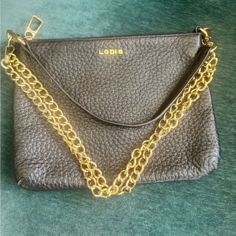 Lodis Emily 5 way Black Italian Leather Gold Chain Bag Travel Handsfree